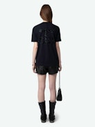 Wassa Diamante Amour T-shirt - Short-sleeved baggy navy blue T-shirt with flocked diamante ‘L'Amour & All The Feelings’ message on the back.