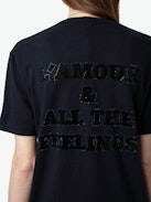 Wassa Diamante Amour T-shirt - Short-sleeved baggy navy blue T-shirt with flocked diamante ‘L'Amour & All The Feelings’ message on the back.