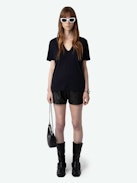 Wassa Diamante Amour T-shirt - Short-sleeved baggy navy blue T-shirt with flocked diamante ‘L'Amour & All The Feelings’ message on the back.
