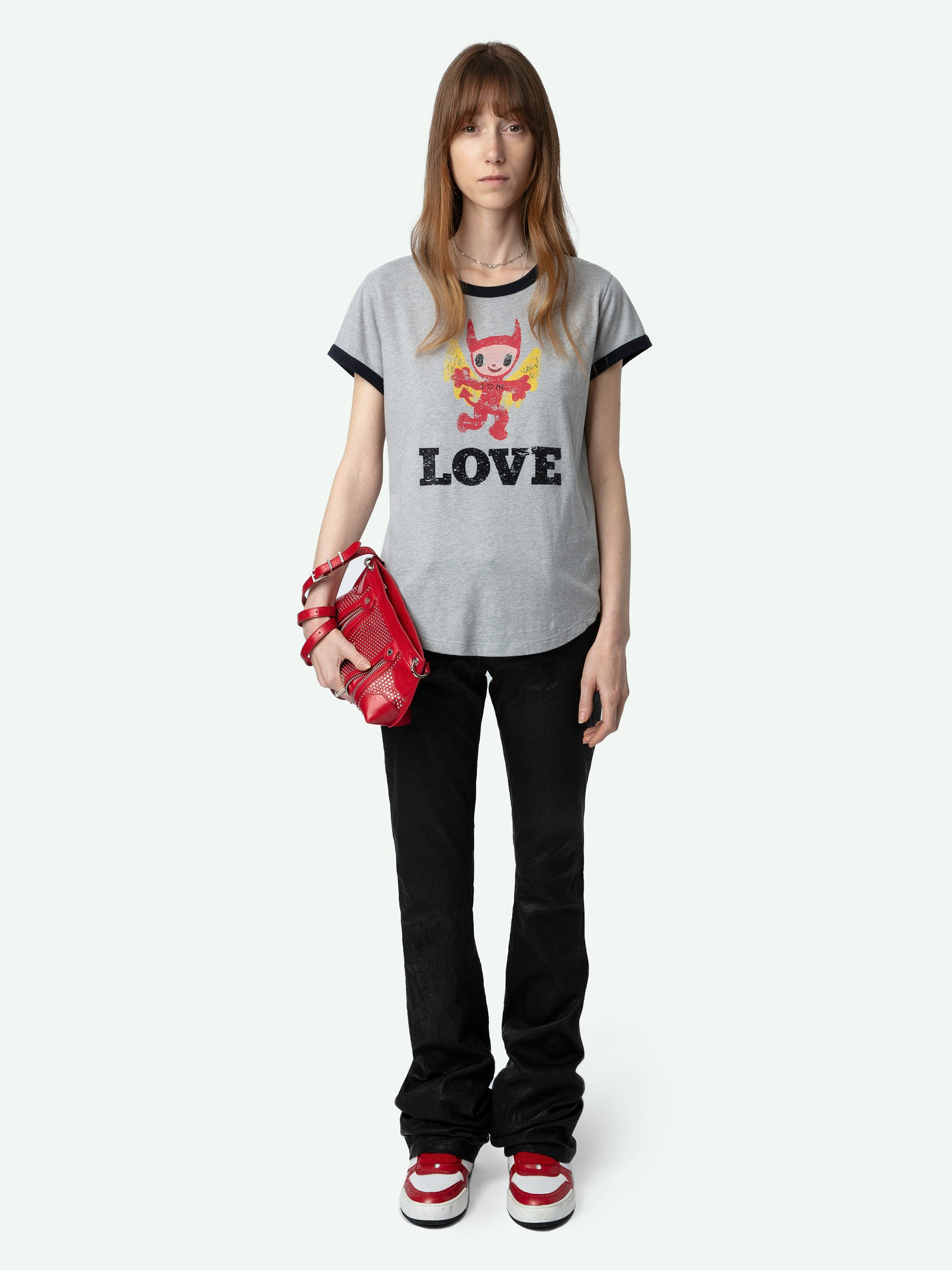 Woop Devil T-shirt - Short-sleeved mottled grey T-shirt with contrasting edges and Devil Love print on the front.