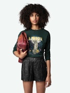 Noane Concert T-shirt - Long-sleeved, loose-fitting T-shirt in mottled grey organic cotton with padded elbows, a "L'Amour & All The Feelings" print on the front and a Concert print on the back.