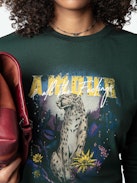 Noane Concert T-shirt - Long-sleeved, loose-fitting T-shirt in mottled grey organic cotton with padded elbows, a "L'Amour & All The Feelings" print on the front and a Concert print on the back.