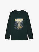Noane Concert T-shirt - Long-sleeved, loose-fitting T-shirt in mottled grey organic cotton with padded elbows, a "L'Amour & All The Feelings" print on the front and a Concert print on the back.