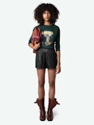 Noane Concert T-shirt - Long-sleeved, loose-fitting T-shirt in mottled grey organic cotton with padded elbows, a "L'Amour & All The Feelings" print on the front and a Concert print on the back.