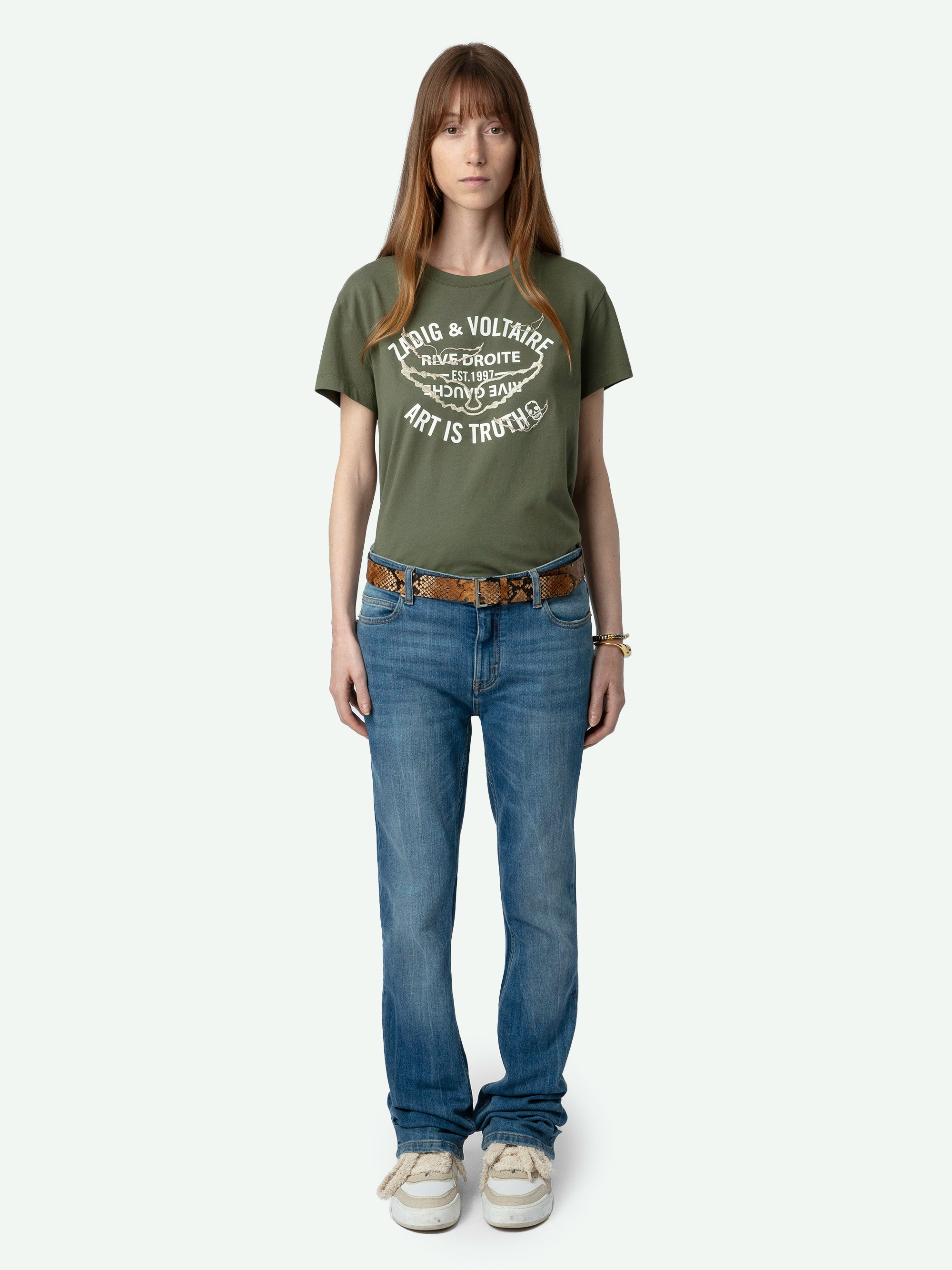 Walk Wings Insignia T-shirt - Short-sleeved khaki organic cotton T-shirt with insignia print and metallic wings embroidered on the front.