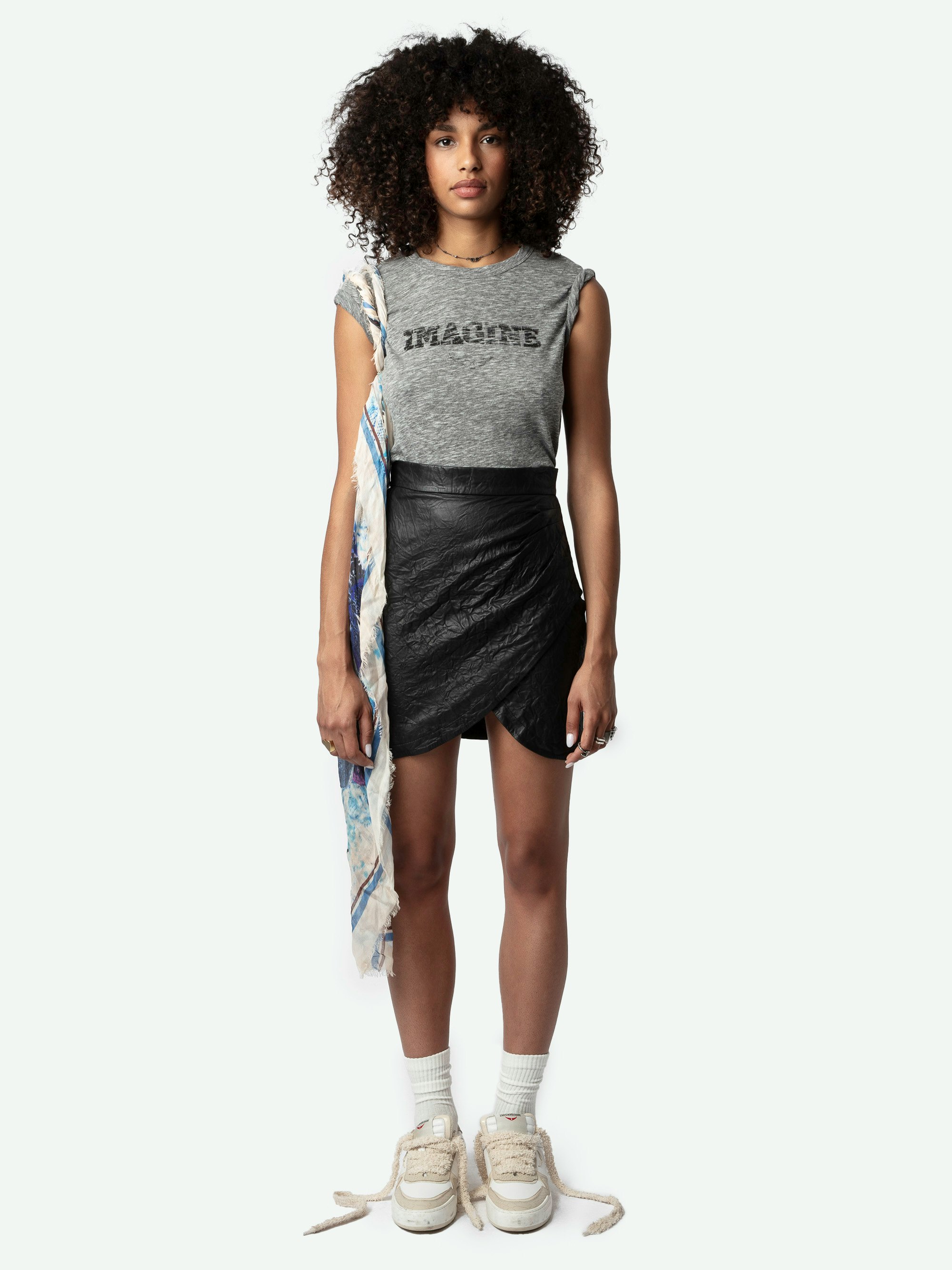 Woop Imagine T-shirt - Short-sleeved, mottled grey T-shirt with worn-effect “Imagine” print and wings on the front.