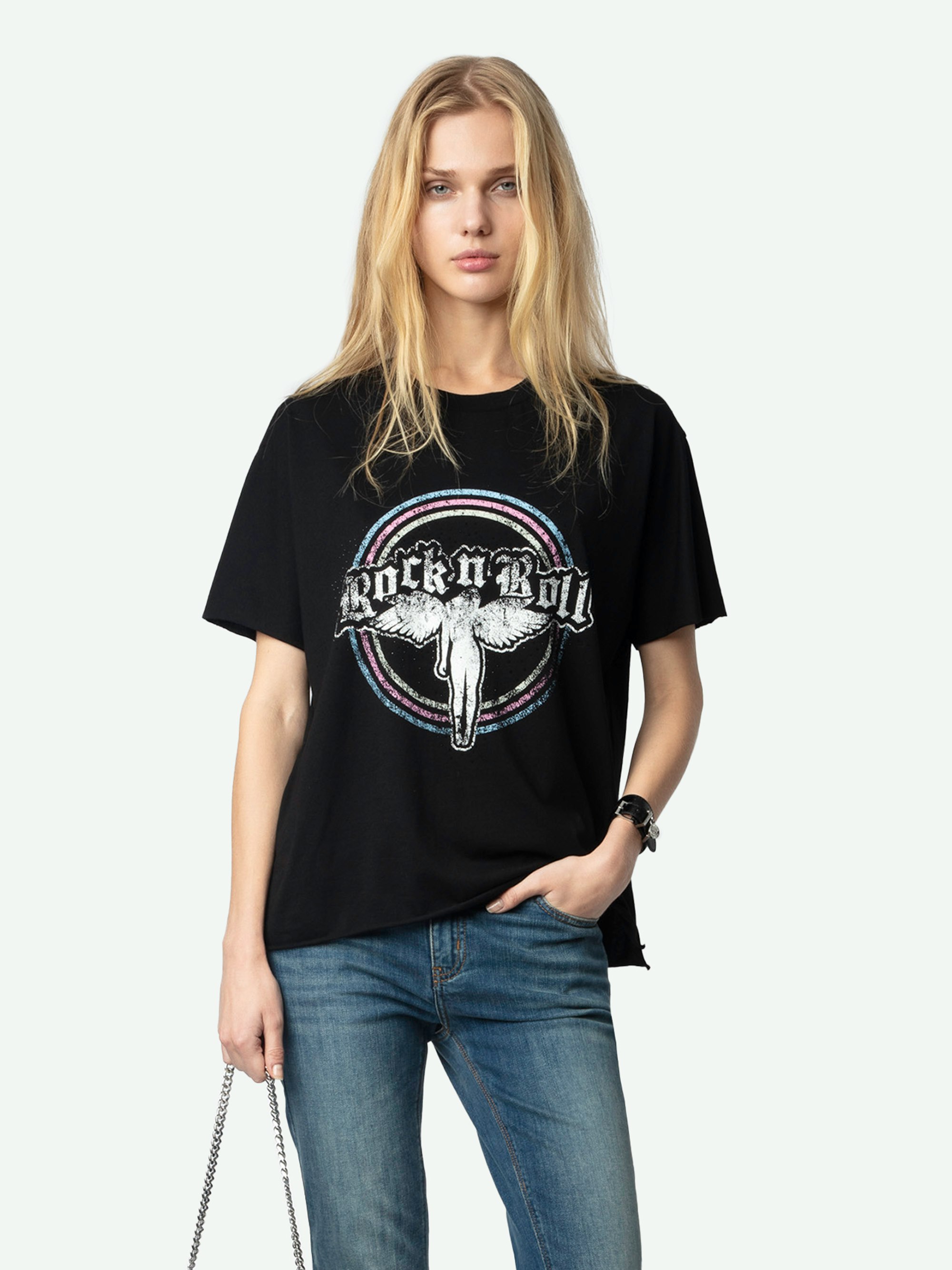 Tommer T-shirt - Oversized black organic cotton t-shirt with short sleeves and Fallen Angel "Rock'n'Roll" print adorned with rhinestones.