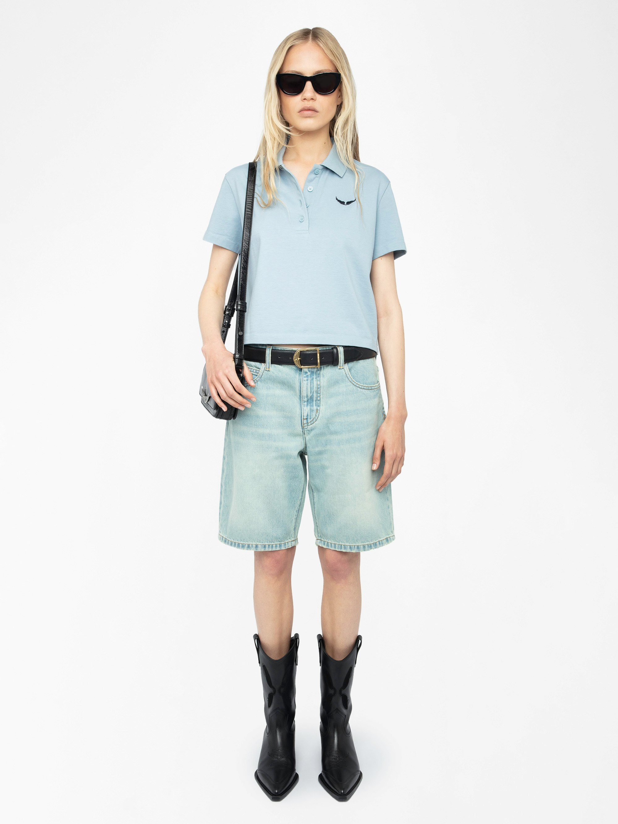 Mirta Polo - Short-sleeved cropped polo with embroidered wings on the front.