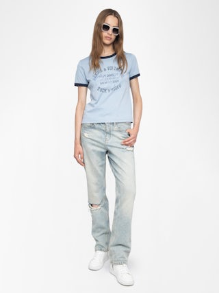 T-shirt Woos - T-shirt manches courtes contrasté avec imprimé et strass à l'avant.