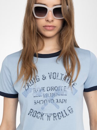 T-shirt Woos - T-shirt manches courtes contrasté avec imprimé et strass à l'avant.