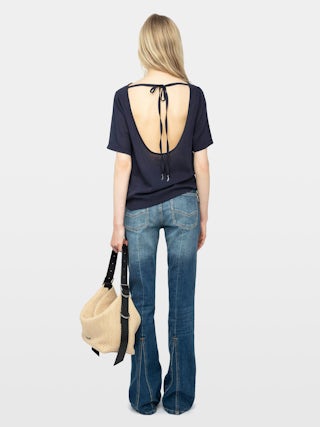Ella Open Back T Shirt - Short-sleeved T-shirt with open back and drawstring with wing charms.