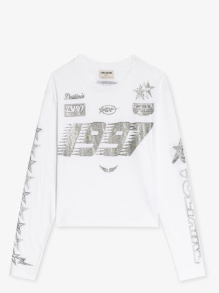 T-Shirt Io - Kurzes T-Shirt mit langen Ärmeln, Rundhalsausschnitt mit Print und Strass.