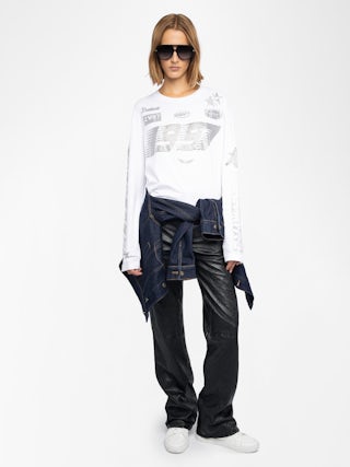 T-Shirt Io - Kurzes T-Shirt mit langen Ärmeln, Rundhalsausschnitt mit Print und Strass.