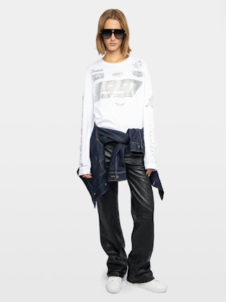 T-shirt Io - T-shirt court à manches longues, col rond avec imprimé et strass.