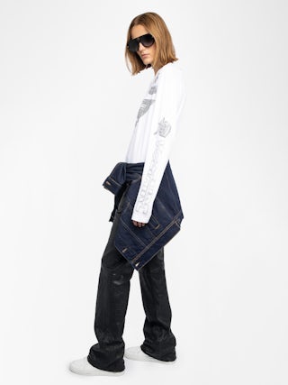 T-Shirt Io - Kurzes T-Shirt mit langen Ärmeln, Rundhalsausschnitt mit Print und Strass.