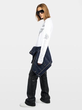 T-shirt Io - T-shirt court à manches longues, col rond avec imprimé et strass.