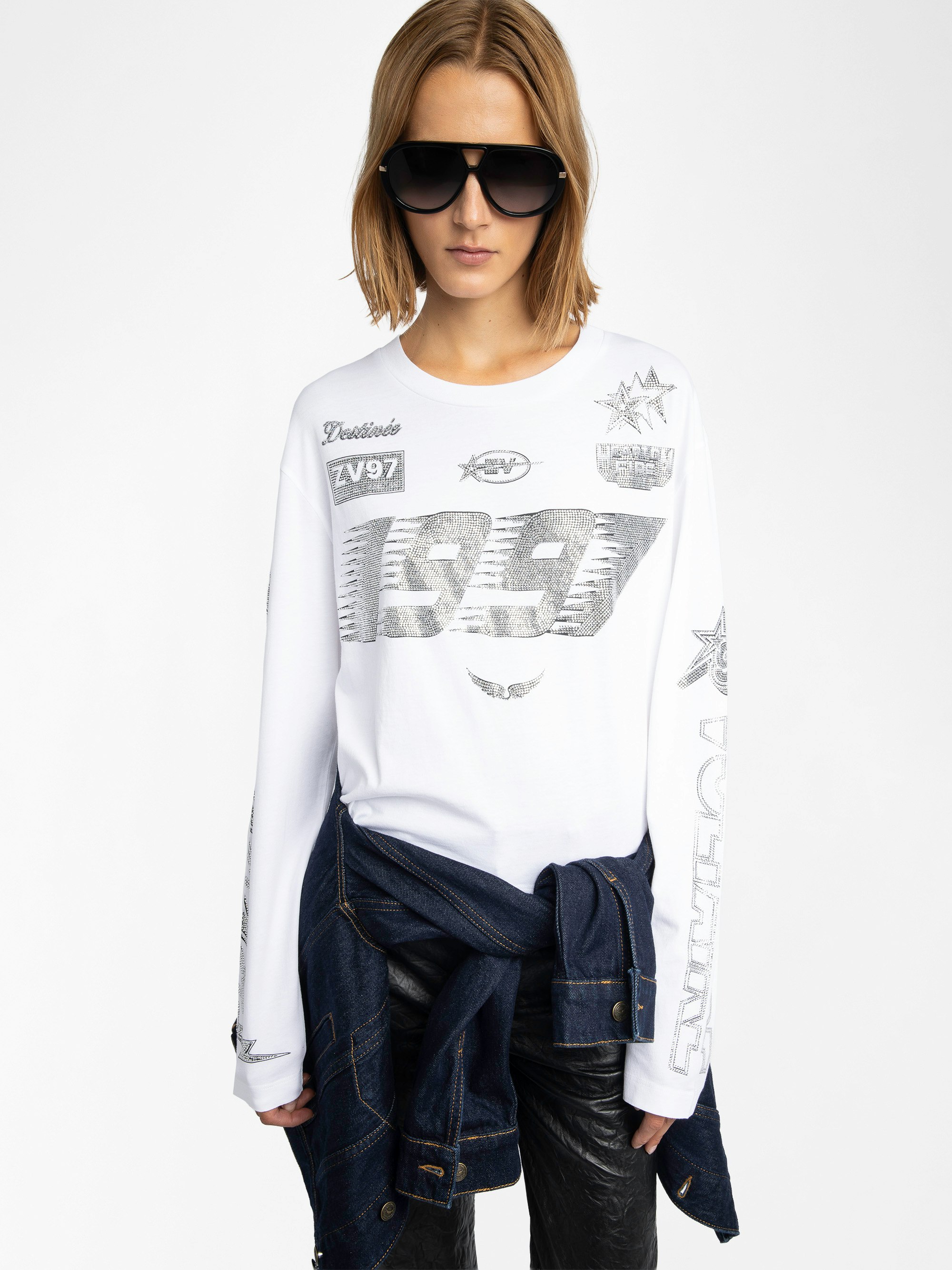 Io T-shirt - Short long-sleeved t-shirt with round neck featuring print and rhinestones.