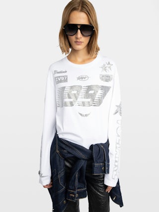 T-shirt Io - T-shirt court à manches longues, col rond avec imprimé et strass.