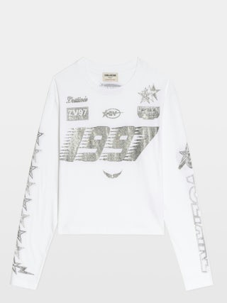 T-shirt Io - T-shirt court à manches longues, col rond avec imprimé et strass.