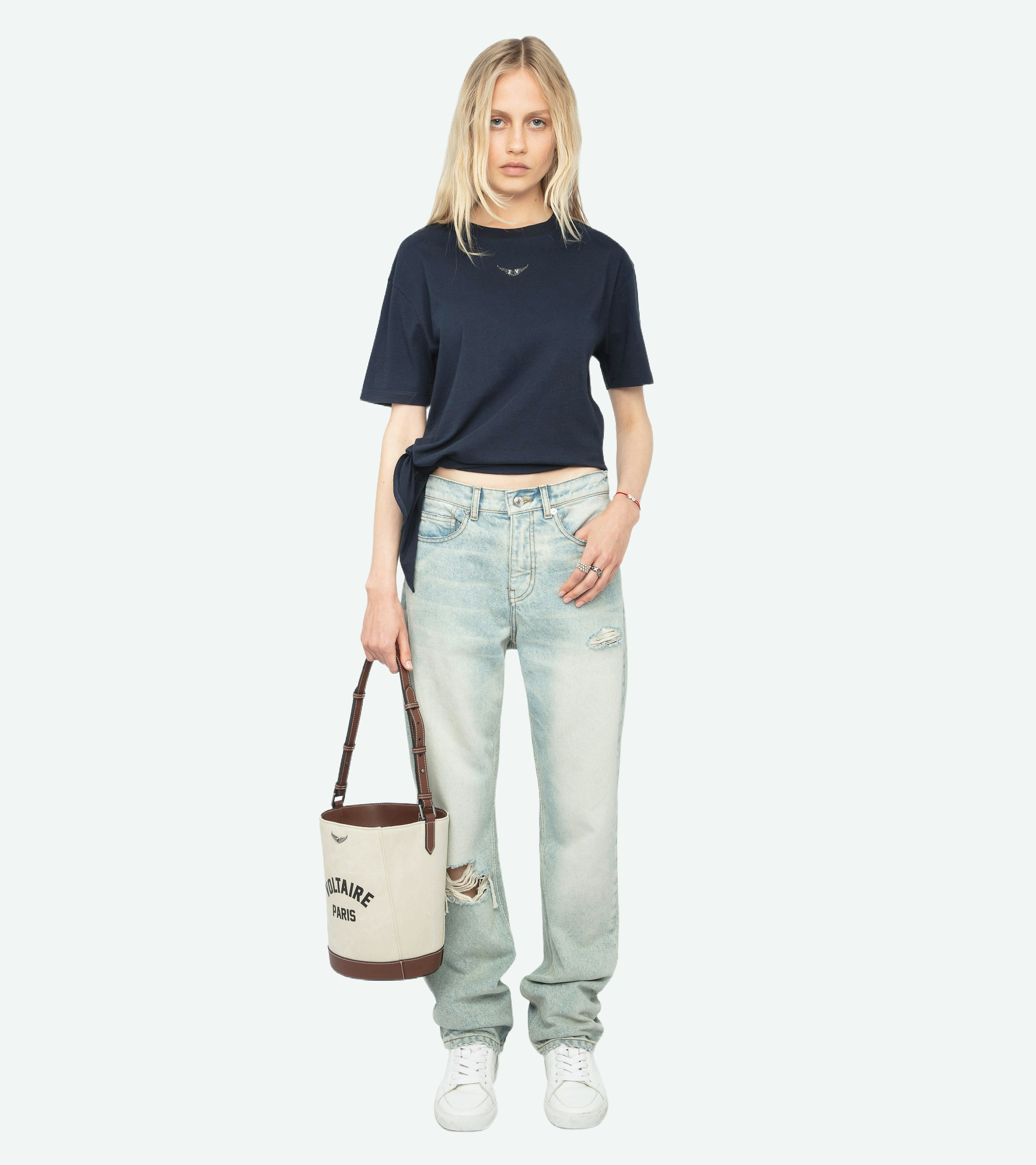 Edda T-shirt - Asymmetric short-sleeved t-shirt with rhinestones on the front.