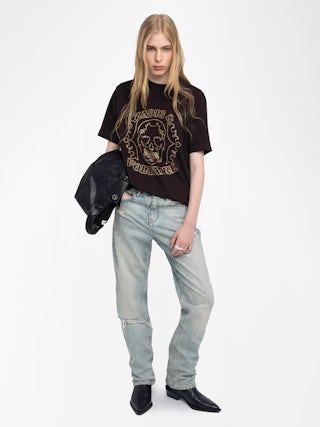 Edwin T-shirt - Oversized long sleeve T-shirt with rhinestone skull on the front.