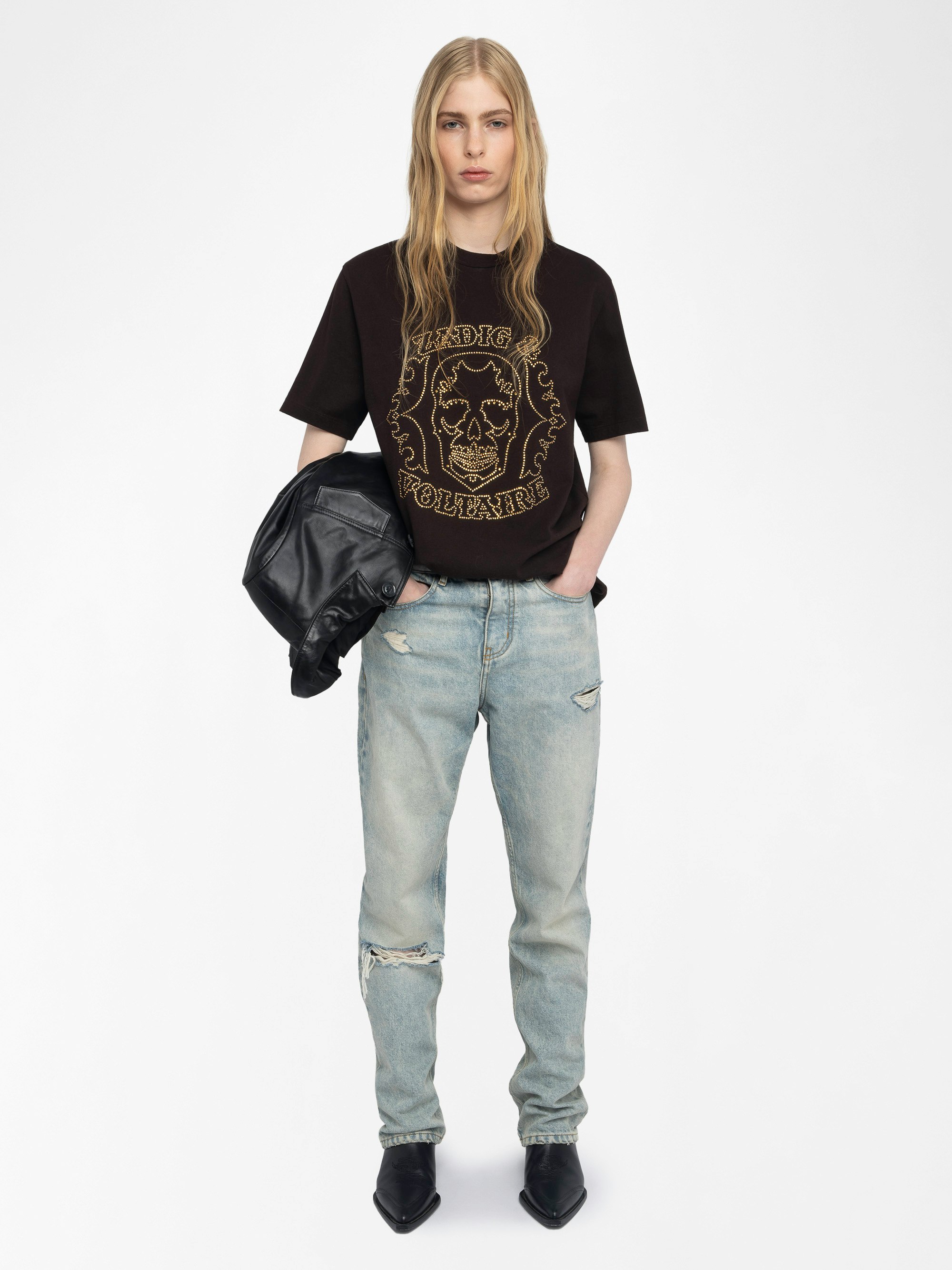 Camiseta Edwin - Camiseta de manga larga oversized con calavera de strass en la parte delantera.