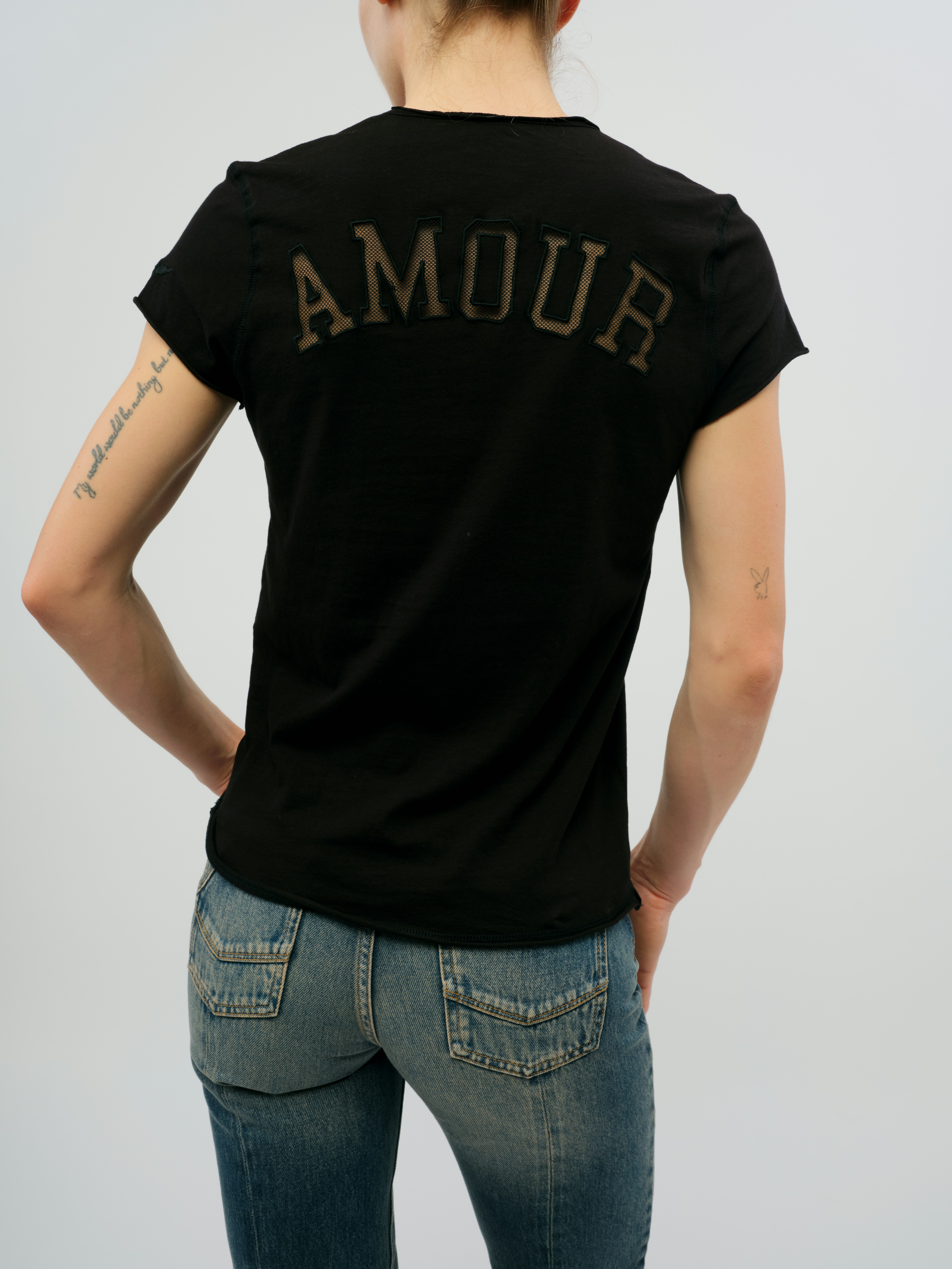 Story Fishnet Amour T-Shirt - Fishnet T-shirt with sparkly “Amour” detailing.