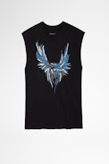 Canotta Cecilia Eagle - Top in cotone nero con stampa ali e paillettes donna