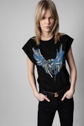Canotta Cecilia Eagle - Top in cotone nero con stampa ali e paillettes donna