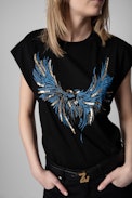 Canotta Cecilia Eagle - Top in cotone nero con stampa ali e paillettes donna