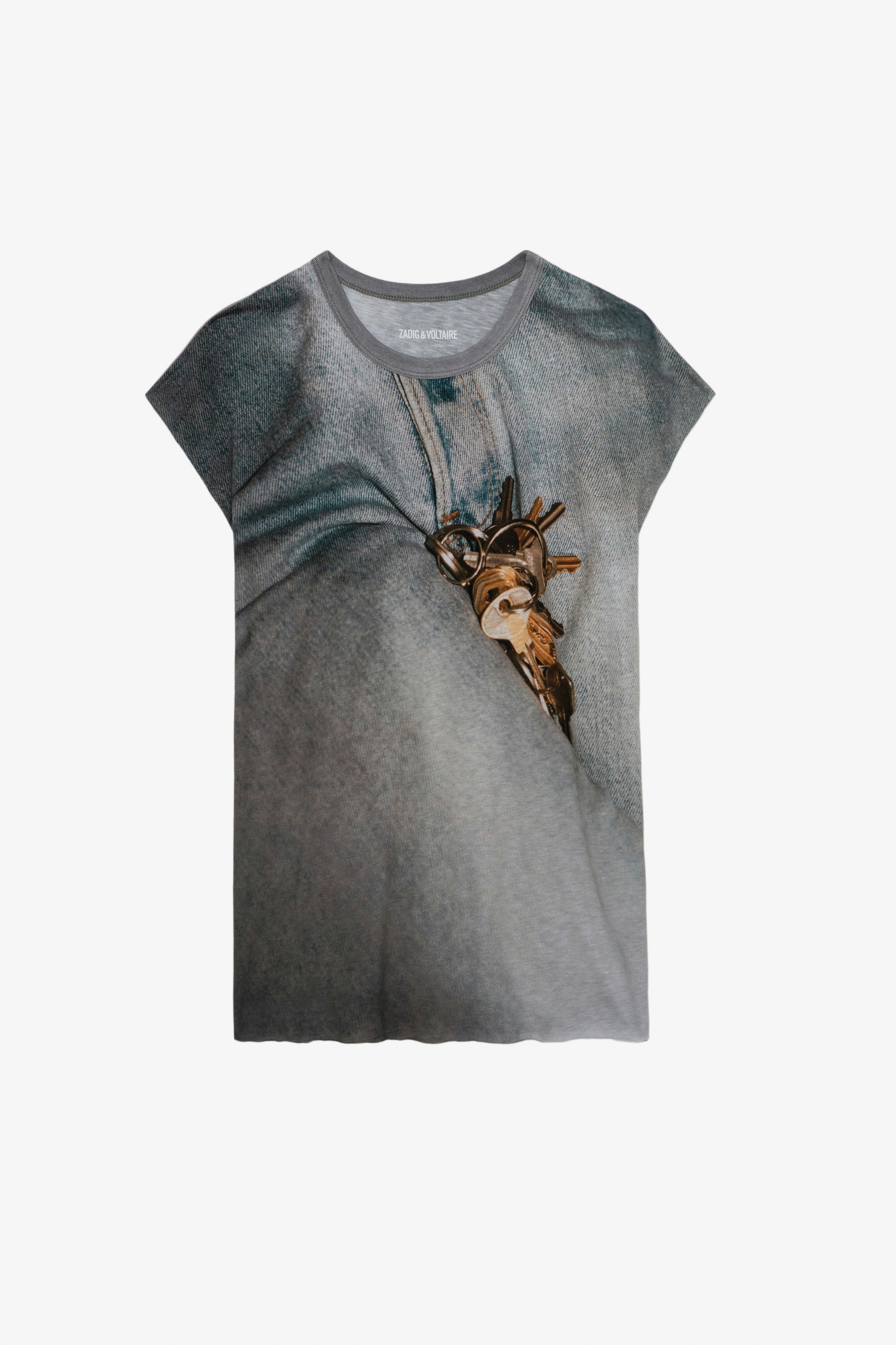Cecilia Tank Top - Carbon grey biker-style tank top with Key print and raw edges.