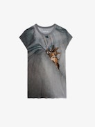 Camiseta de Tirantes Cecilia - Camiseta de tirantes de inspiración motera en color gris carbono con estampado de llave y bordes sin rematar.