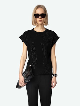 Cloe Tank Top - Black organic cotton tank top with diamanté.