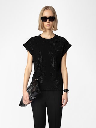 Cloe Tank Top - Black organic cotton tank top with diamanté.