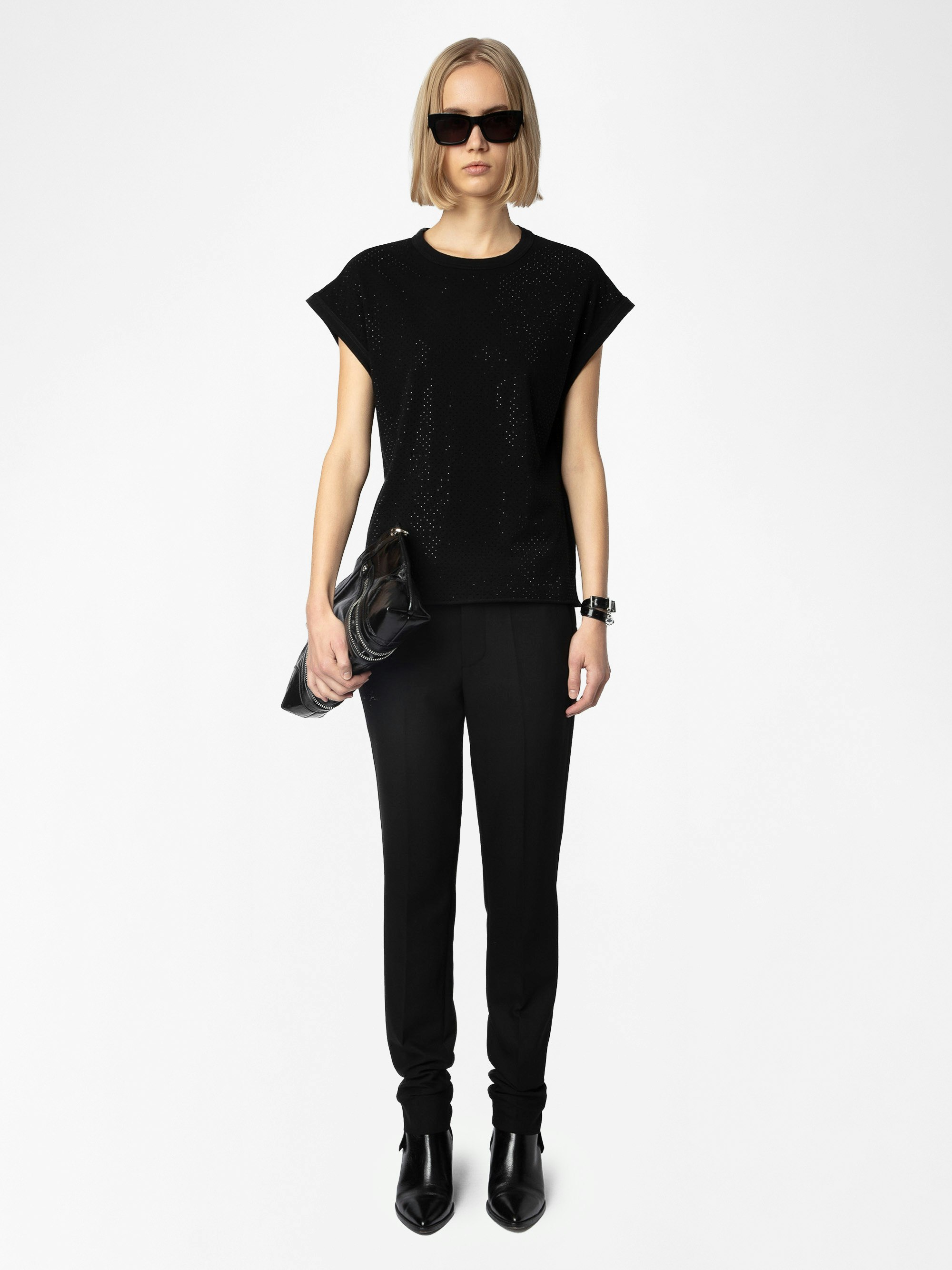 Cloe Tank Top - Black organic cotton tank top with diamanté.