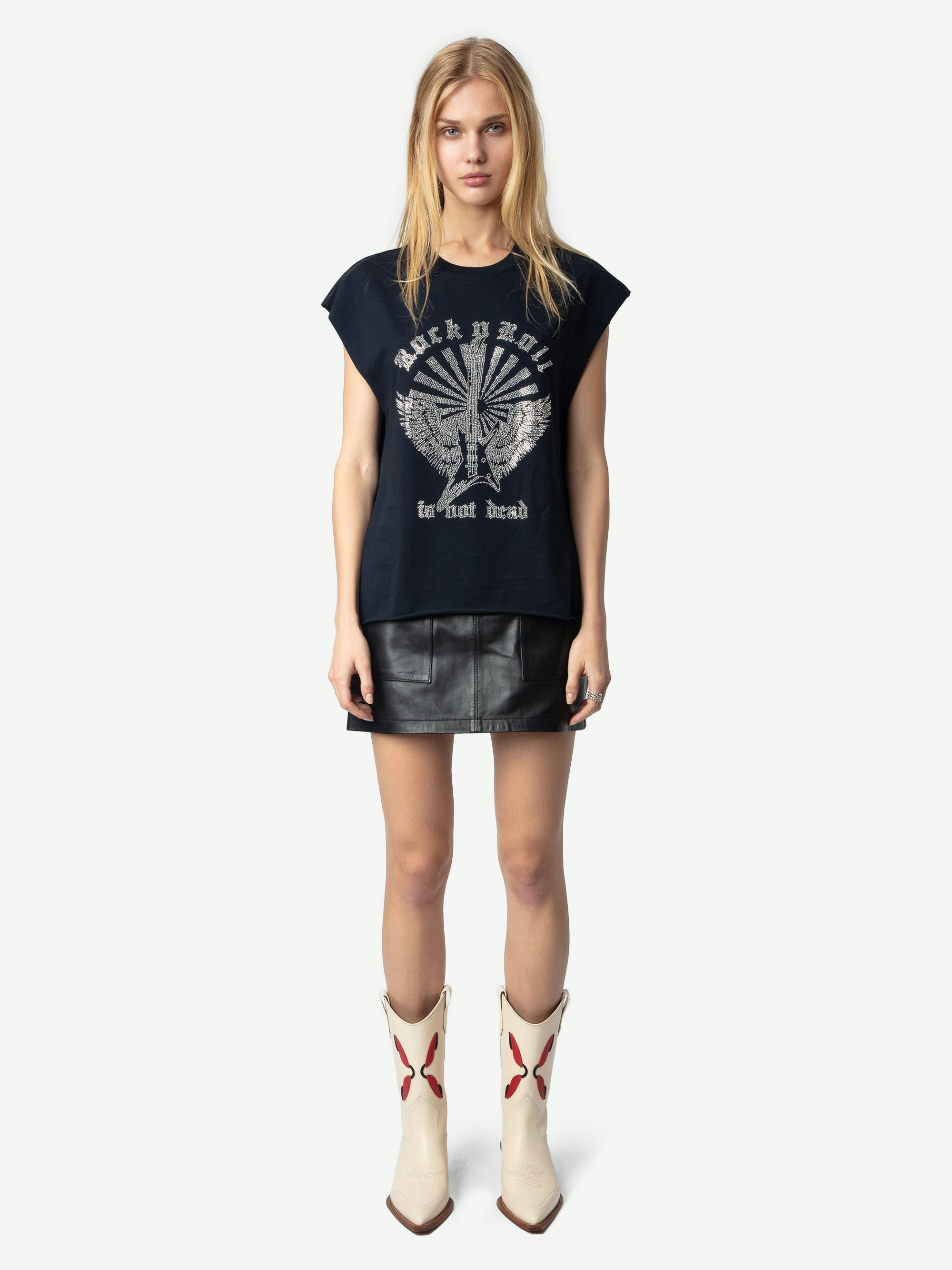 Cloe Strass Tank Top - Navy blue organic cotton sleeveless top with short sleeves and guitar motifs, wings adorned with rhinestones.