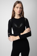 Wanda Bodysuit - Women’s black bodysuit with perforated biker details.