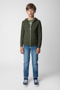 Clash Boys’ Cardigan - Boys’ khaki knit zip-up cardigan with hood and skull motif on the back.