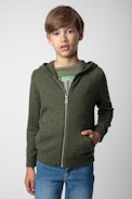 Clash Boys’ Cardigan - Boys’ khaki knit zip-up cardigan with hood and skull motif on the back.