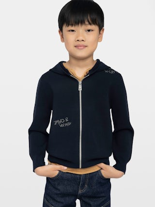 Clash Boy's Cardigan - Hooded zip cardigan, embroidered inscriptions on the front and right sleeve.