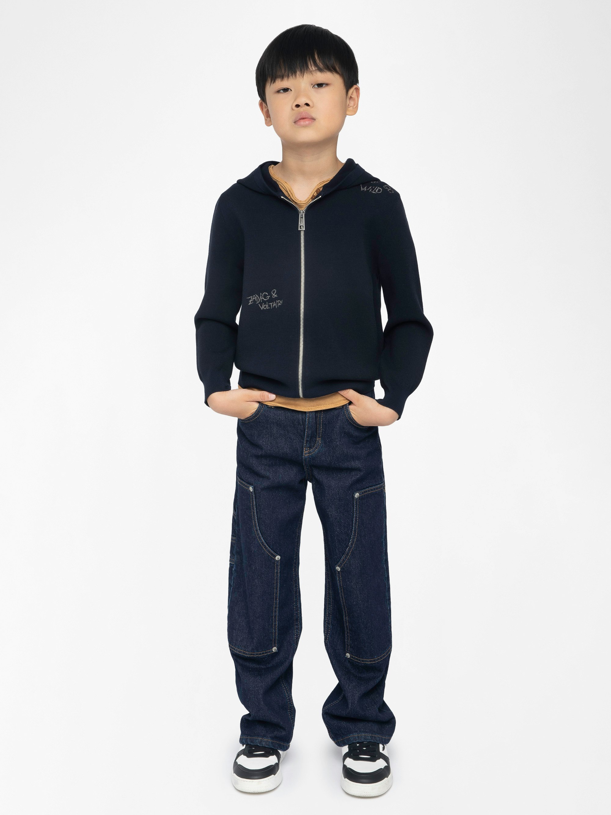 Clash Boy's Cardigan - Hooded zip cardigan, embroidered inscriptions on the front and right sleeve.