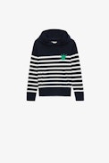 Kinderpullover Bud - Gestreifter Kinder-Kapuzenpullover aus marineblauem Strick