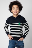 Kinderpullover Bud - Gestreifter Kinder-Kapuzenpullover aus marineblauem Strick
