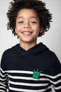 Kinderpullover Bud - Gestreifter Kinder-Kapuzenpullover aus marineblauem Strick