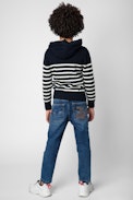 Kinderpullover Bud - Gestreifter Kinder-Kapuzenpullover aus marineblauem Strick