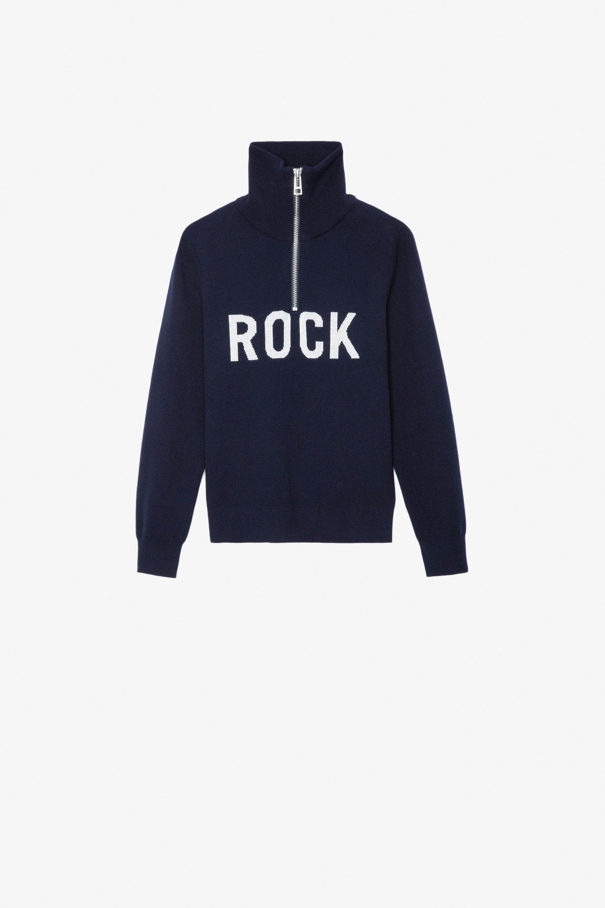 Tim Boys’ Jumper Boys’ navy blue knit jumper with zip neck and “Rock” slogan.
