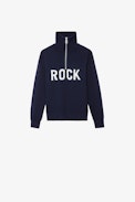 Tim Boys’ Jumper - Boys’ navy blue knit sweater with zip neck and “Rock” slogan.