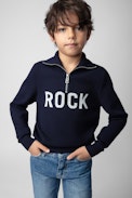 Tim Boys’ Jumper - Boys’ navy blue knit sweater with zip neck and “Rock” slogan.