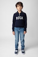 Tim Boys’ Jumper - Boys’ navy blue knit sweater with zip neck and “Rock” slogan.