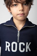 Tim Boys’ Jumper - Boys’ navy blue knit sweater with zip neck and “Rock” slogan.